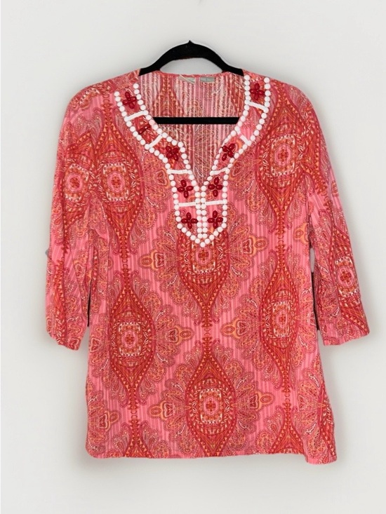 Emma James Tops - Emma James Women's Pink and Red Boho Embellished 3/4 Sleeve Top